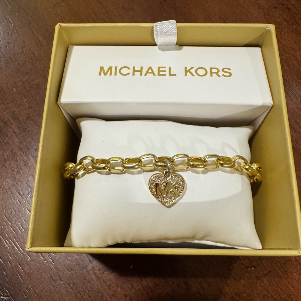 CLOSET CLEANOUT SALE New Michael Kors Brass and Pavé Crystal Logo Heart Bracelet